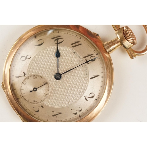 328 - Mermod Freres 14ct gold open face pocket watch having an engine turned face with arabic numerals to ... 