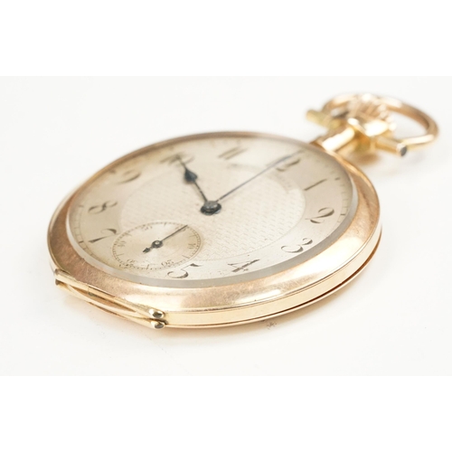 328 - Mermod Freres 14ct gold open face pocket watch having an engine turned face with arabic numerals to ... 