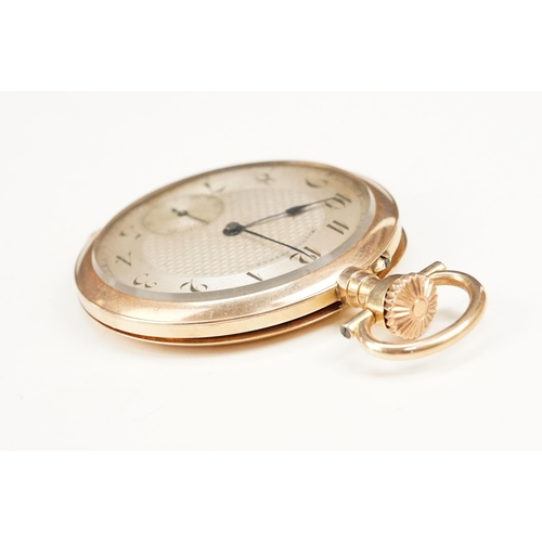 328 - Mermod Freres 14ct gold open face pocket watch having an engine turned face with arabic numerals to ... 