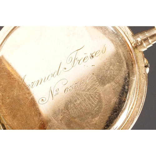 328 - Mermod Freres 14ct gold open face pocket watch having an engine turned face with arabic numerals to ... 