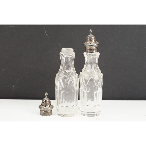 339 - 19th Century Victorian silver hallmarked cruet set having a silver and wooden base with pierced gall... 