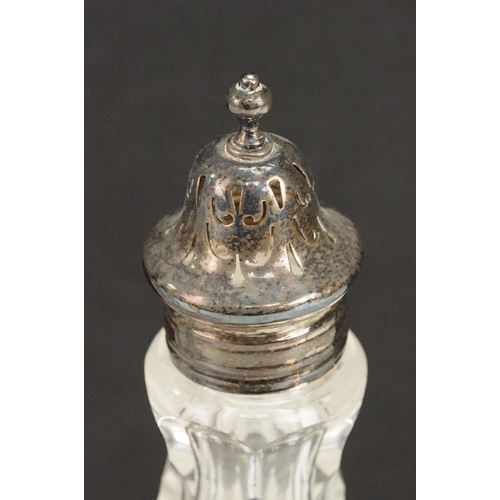 339 - 19th Century Victorian silver hallmarked cruet set having a silver and wooden base with pierced gall... 