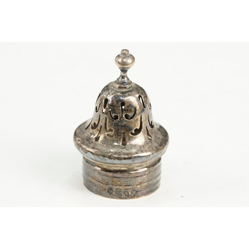 339 - 19th Century Victorian silver hallmarked cruet set having a silver and wooden base with pierced gall... 