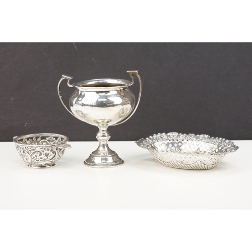 362 - Group of silver items to include a twin handled trophy cup (hallmarked London 1865), an Edwardian ov... 