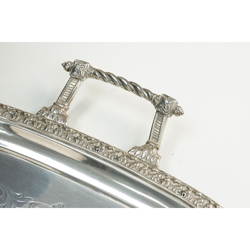 363 - Early 20th Century Edwardian silver serving tray having moulded twin handles with shell and acanthus... 