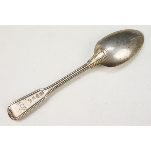 366 - Group of 19th Century silver hallmarked spoons to include a pair of George III serving spoons with b... 