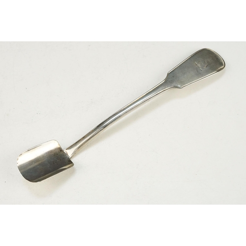 368 - 19th Century George III silver hallmarked cheese scoop having engraved crest to the terminal. Hallma... 