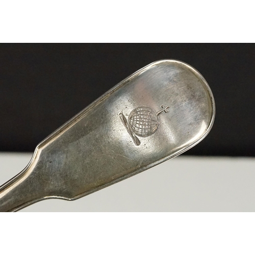 368 - 19th Century George III silver hallmarked cheese scoop having engraved crest to the terminal. Hallma... 