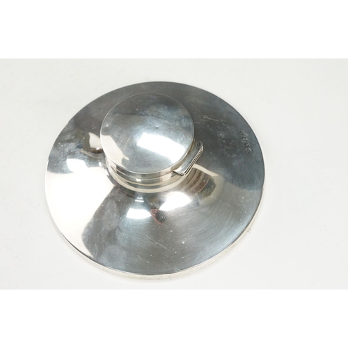 378 - 1920s silver hallmarked desk top ink well having a round concave base with hinged lid and glass line... 