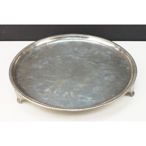 381 - Early 20th Century silver hallmarked tazza tray of round form with gadrooned rims raised on scrolled... 