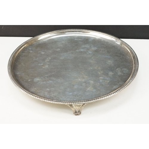 381 - Early 20th Century silver hallmarked tazza tray of round form with gadrooned rims raised on scrolled... 