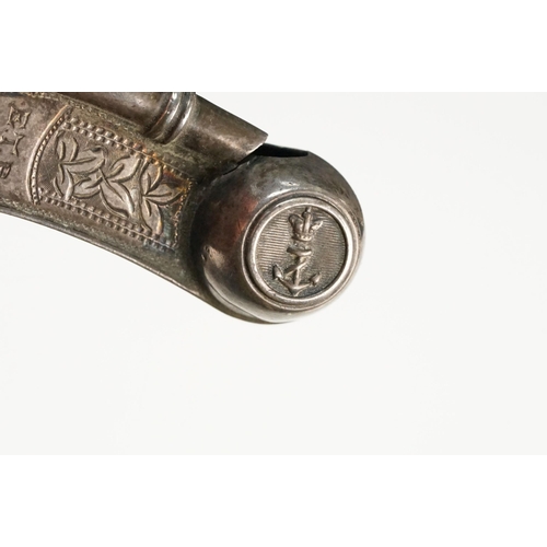 383 - Early 20th Century Edwardian Bosun whistle with naval anchor mark and engraved details. Hallmarked B... 