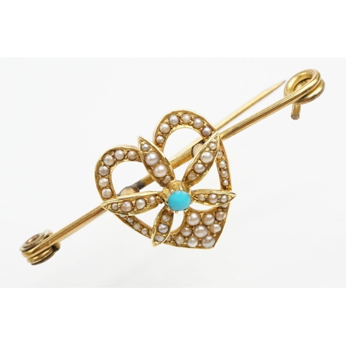 7 - 19th Century Victorian 15ct gold, turquoise and seed pearl brooch. The brooch being set with a heart... 