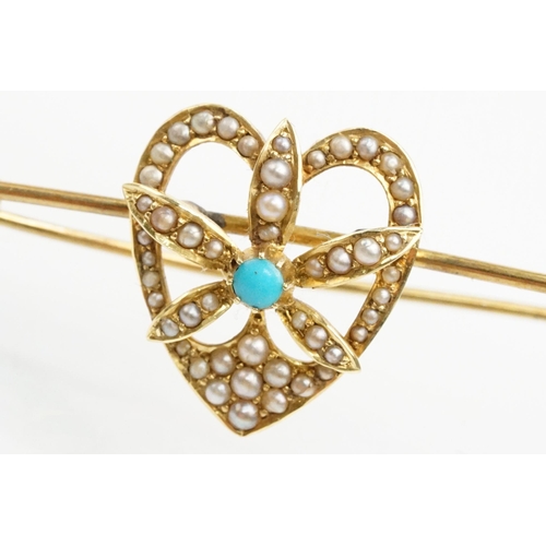 7 - 19th Century Victorian 15ct gold, turquoise and seed pearl brooch. The brooch being set with a heart... 