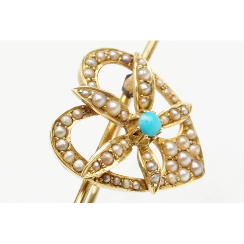 7 - 19th Century Victorian 15ct gold, turquoise and seed pearl brooch. The brooch being set with a heart... 