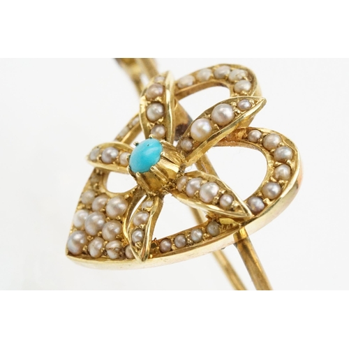 7 - 19th Century Victorian 15ct gold, turquoise and seed pearl brooch. The brooch being set with a heart... 