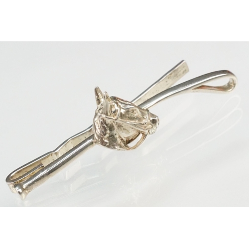 278 - Silver equestrian tie pin in the form of a horse head and whip, Birmingham hallmark, maker RJS