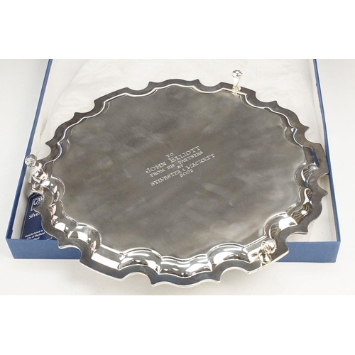 397 - Carr's of Sheffield silver salver tray with moulded borders raised on three scrolled feet. Hallmarke... 