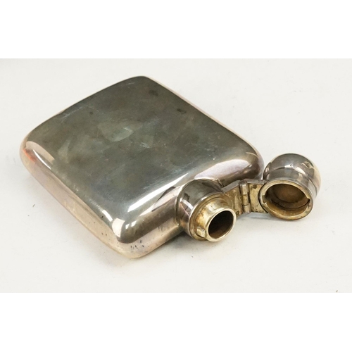 398 - Silver whisky flask together with a silver hallmarked cigarette box. Whisky flask of plain form with... 