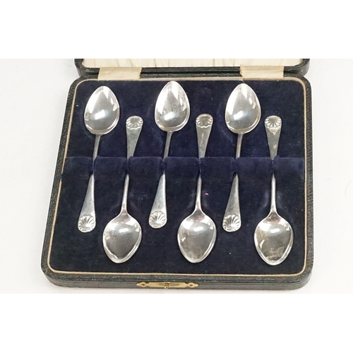 411 - Collection of silver and silver plate to include a set of six shell handle spoons (hallmarked Birmin... 