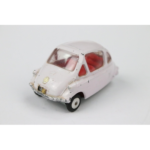 22 - Boxed Corgi 233 Heinkel Economy Car diecast model in pale pink with red interior, diecast showing pa... 