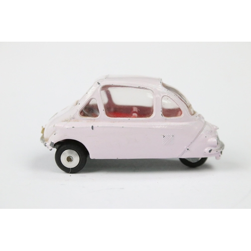 22 - Boxed Corgi 233 Heinkel Economy Car diecast model in pale pink with red interior, diecast showing pa... 