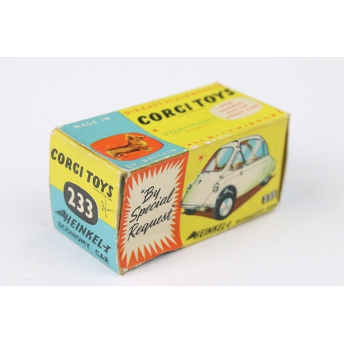 22 - Boxed Corgi 233 Heinkel Economy Car diecast model in pale pink with red interior, diecast showing pa... 