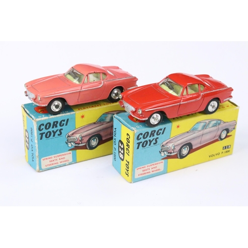 39 - Two boxed Corgi 228 Volvo P1800 diecast models in colour variants pink and red, both diecast models ... 