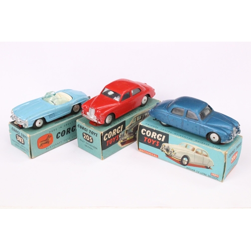 50 - Three boxed Corgi diecast models to include 205 Riley Pathfinder Saloon in red with smooth hubs, 208... 