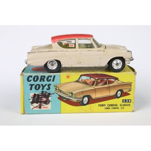 94 - Four boxed Corgi diecast models to include 234 Ford Consul Classic in pale fawn pink with lemon yell... 