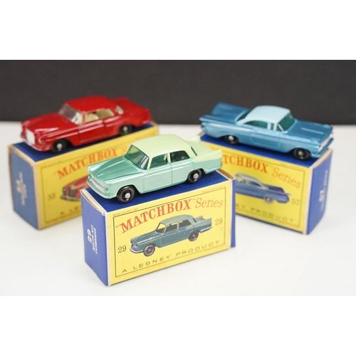 95 - Three boxed Matchbox 75 Series diecast models to include 53 Mercedes Benz Coupe in red, 29 Austin A5... 