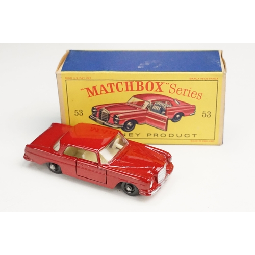 95 - Three boxed Matchbox 75 Series diecast models to include 53 Mercedes Benz Coupe in red, 29 Austin A5... 