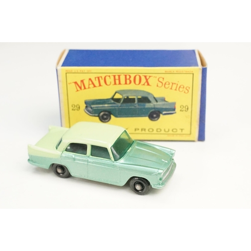 95 - Three boxed Matchbox 75 Series diecast models to include 53 Mercedes Benz Coupe in red, 29 Austin A5... 