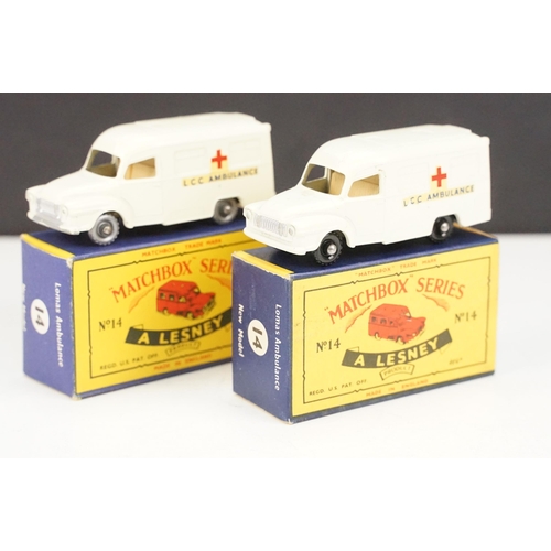 97 - Two boxed Matchbox 75 Series No 14 Lomas Ambulance diecast models, both variants, one with silver wh... 