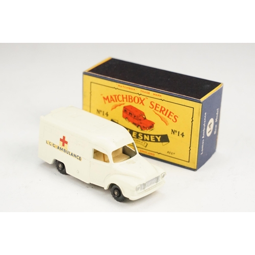 97 - Two boxed Matchbox 75 Series No 14 Lomas Ambulance diecast models, both variants, one with silver wh... 