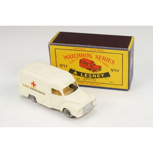 97 - Two boxed Matchbox 75 Series No 14 Lomas Ambulance diecast models, both variants, one with silver wh... 