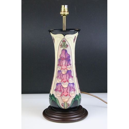 1 - Moorcroft foxglove pattern table lamp base on circular wooden base, measures 43cm (to top of light f... 