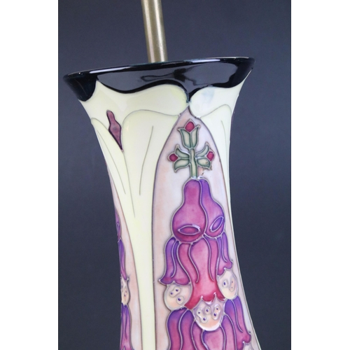 1 - Moorcroft foxglove pattern table lamp base on circular wooden base, measures 43cm (to top of light f... 