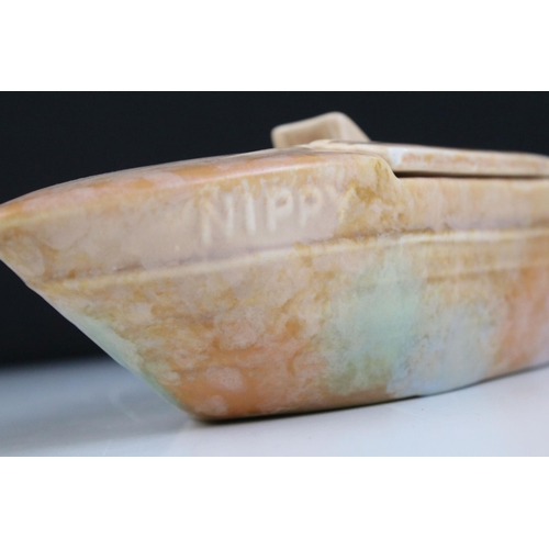 14 - Beswick 'Nippy' mottled jam preserve pot boat, model  H 6cm, W 22cm, D 10cm, marked Beswick to base