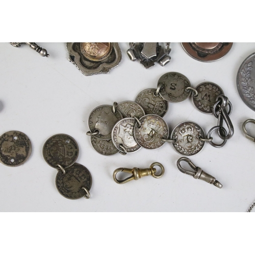 147 - Selection of mostly silver jewellery to include silver and white metal pocket watch chain fragments,... 