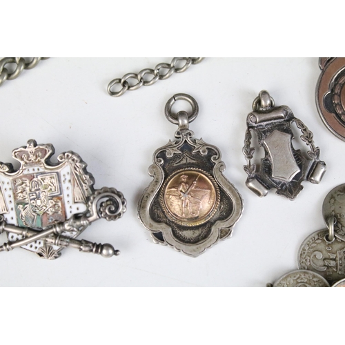 147 - Selection of mostly silver jewellery to include silver and white metal pocket watch chain fragments,... 