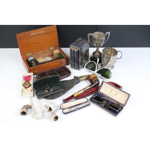 149 - 20th century assortment of spectacles and sunglasses together with silver plated box containing diar... 