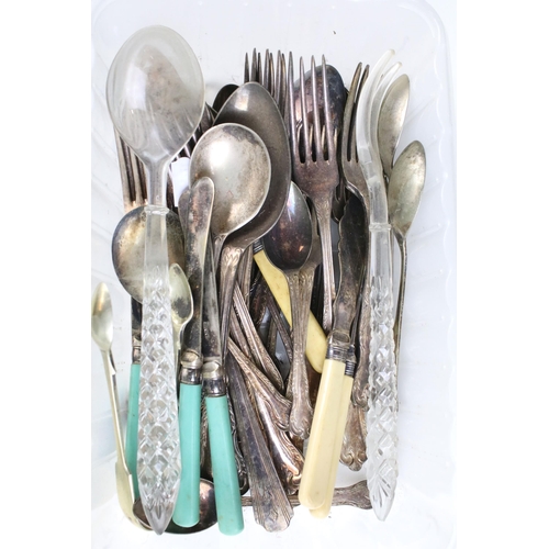 150 - Collection of silver plate cutlery / flatware and cut glass salad servers together with a selection ... 