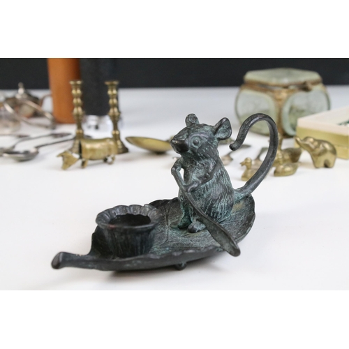 152 - Bronze figure of a mouse paddling his leaf boat, 6.5cm high, etched glass trinket box with gilt meta... 