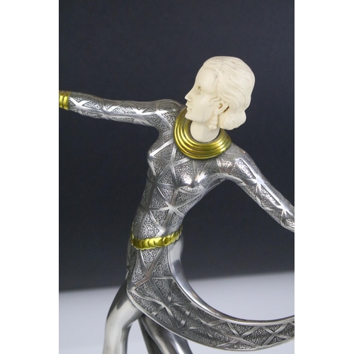 16 - Lorenzl Art Deco metal figurine of dancing lady in red shoes stood on oval marble base, H 36.5cm