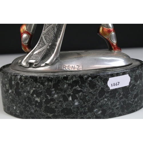 16 - Lorenzl Art Deco metal figurine of dancing lady in red shoes stood on oval marble base, H 36.5cm