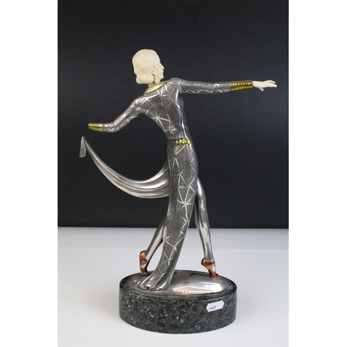 16 - Lorenzl Art Deco metal figurine of dancing lady in red shoes stood on oval marble base, H 36.5cm