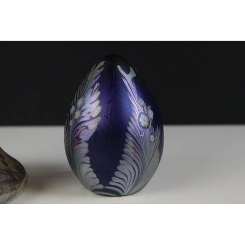 173 - Iridescent glass vase in baluster form, H 31cm together with an Okra 1985 studio glass egg shaped pa... 