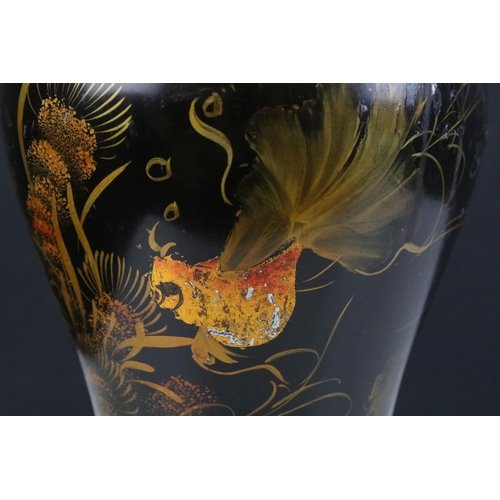 174 - Vase featuring exotic pond fish on a black background with footed base H 40cm