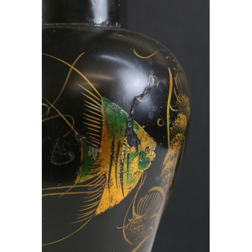 174 - Vase featuring exotic pond fish on a black background with footed base H 40cm